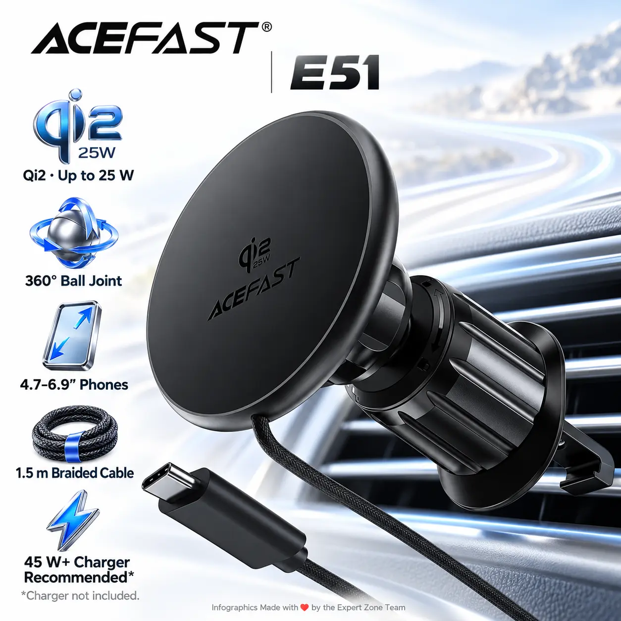 ACEFAST E51 Qi2 Magnetic Wireless Charging Car Holder, Up to 25 W, 360° Ball Joint, Air-Vent Clip, Integrated 1.5 m Braided USB-C Cable