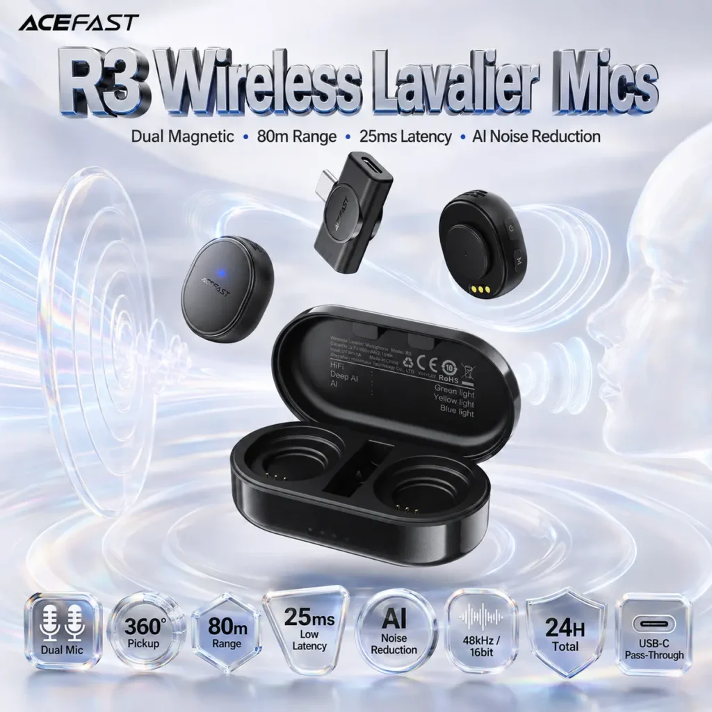ACEFAST R3 Wireless Magnetic Lavalier Microphones – Dual Mic, 80m Range, 25ms Low Latency, 48kHz/16bit, AI Noise Reduction, USB-C Receiver & Charging Case