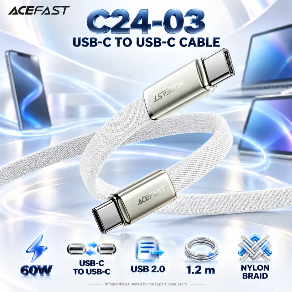 ACEFAST C24-03 White USB-C to USB-C Cable, 60W Fast Charging, USB 2.0 Data Transfer, Flat Nylon Braided Wire, Zinc Alloy Connectors, 1.2 m — ACEFAST-C24-03