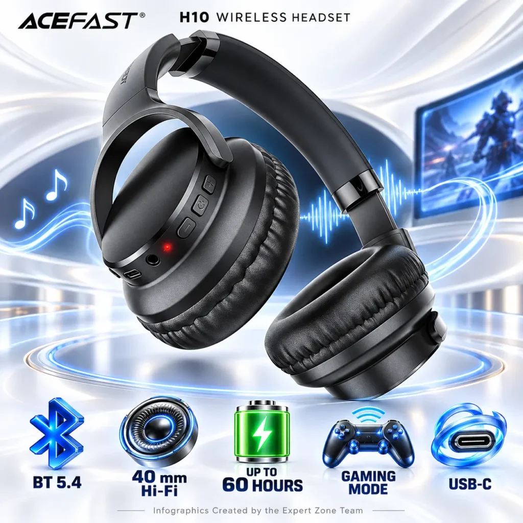 ACEFAST H10 Wireless Headset, Black, Bluetooth 5.4, 40 mm Hi-Fi Drivers, Gaming and Bass Boost Modes, HD Microphone, USB-C Charging, Up to 60-Hour Music Playback — ACEFAST-H10
