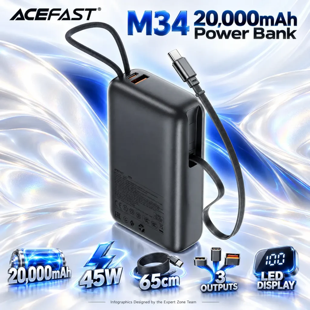 ACEFAST M34 20,000mAh 45W Power Bank with 65cm Retractable USB-C Cable, USB-C and USB-A Outputs, LED Digital Display, and Built-In Carry Lanyard
