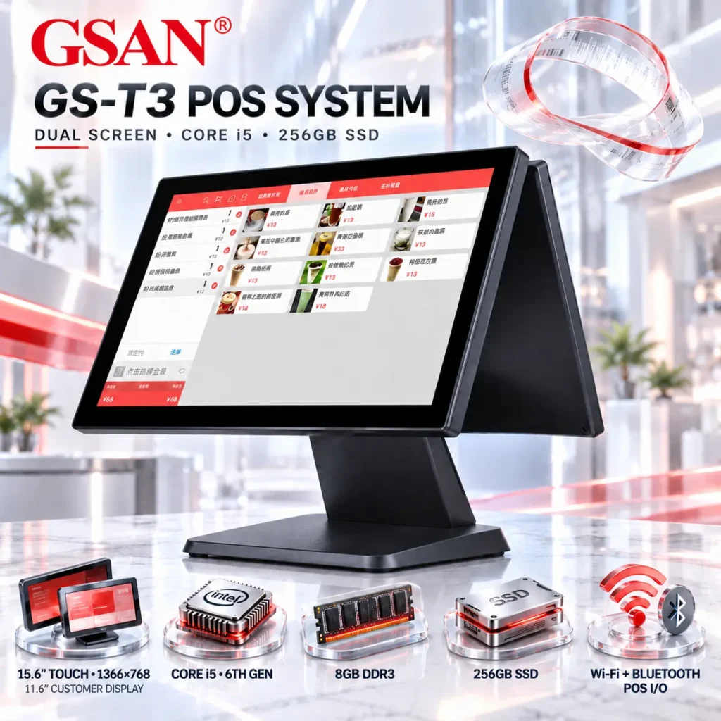 GSAN GS-T3 Dual-Screen Touch POS System, Intel Core i5 6th Gen, 8GB DDR3, 256GB SSD, 15.6″ Touch + 11.6″ Customer Display, Wi-Fi & Bluetooth, Metal Stand | BLACK