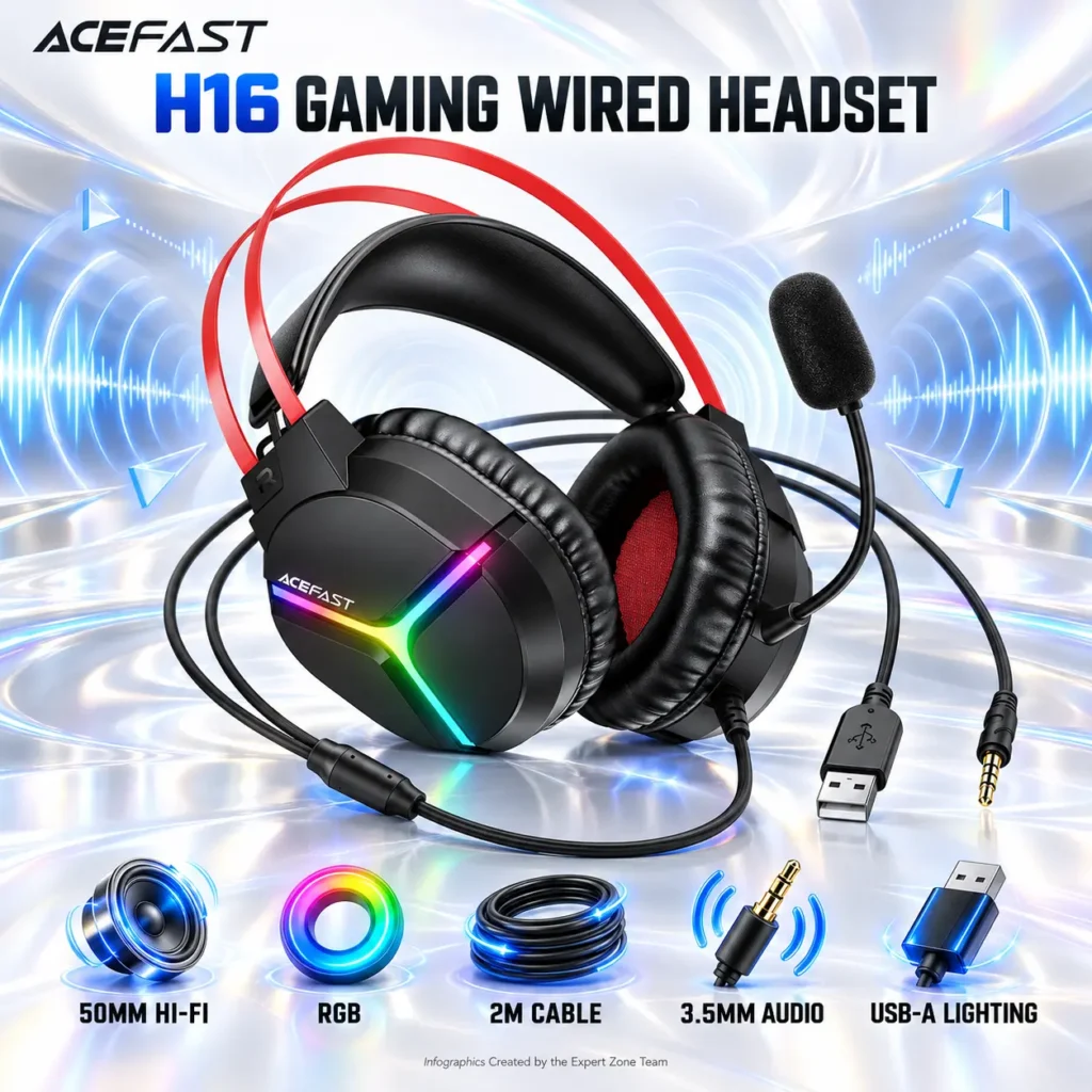 ACEFAST H16 Black Wired Gaming Headset with 50mm Hi-Fi Drivers, RGB Lighting, Omnidirectional Mic, 2m Cable, 3.5mm Audio and USB-A Power Connection