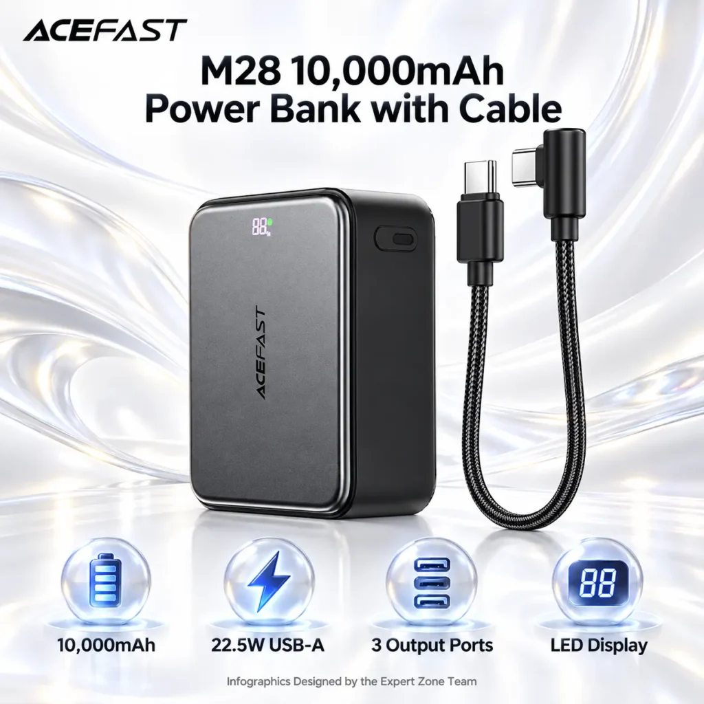 ACEFAST M28 10,000mAh Power Bank with Built-In Cable, LED Display, Dual USB-C Input, Triple-Port Output, and Up to 22.5W USB-A Fast Charging