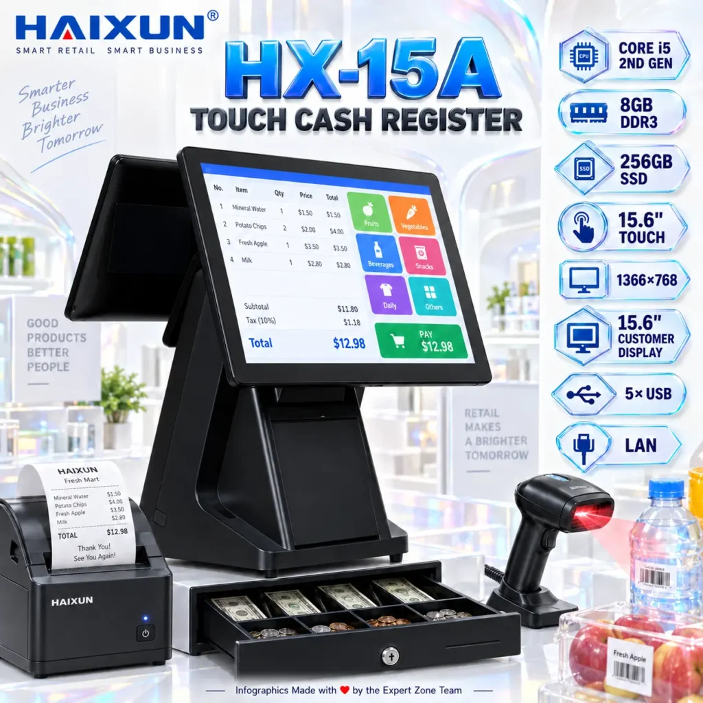 HAIXUN HX-15A Dual-Screen Touch Cash Register, Intel Core i5 2nd Gen, 8GB DDR3 RAM, 256GB SSD, 15.6″ Capacitive Touchscreen & 15.6″ Customer Display | BLACK