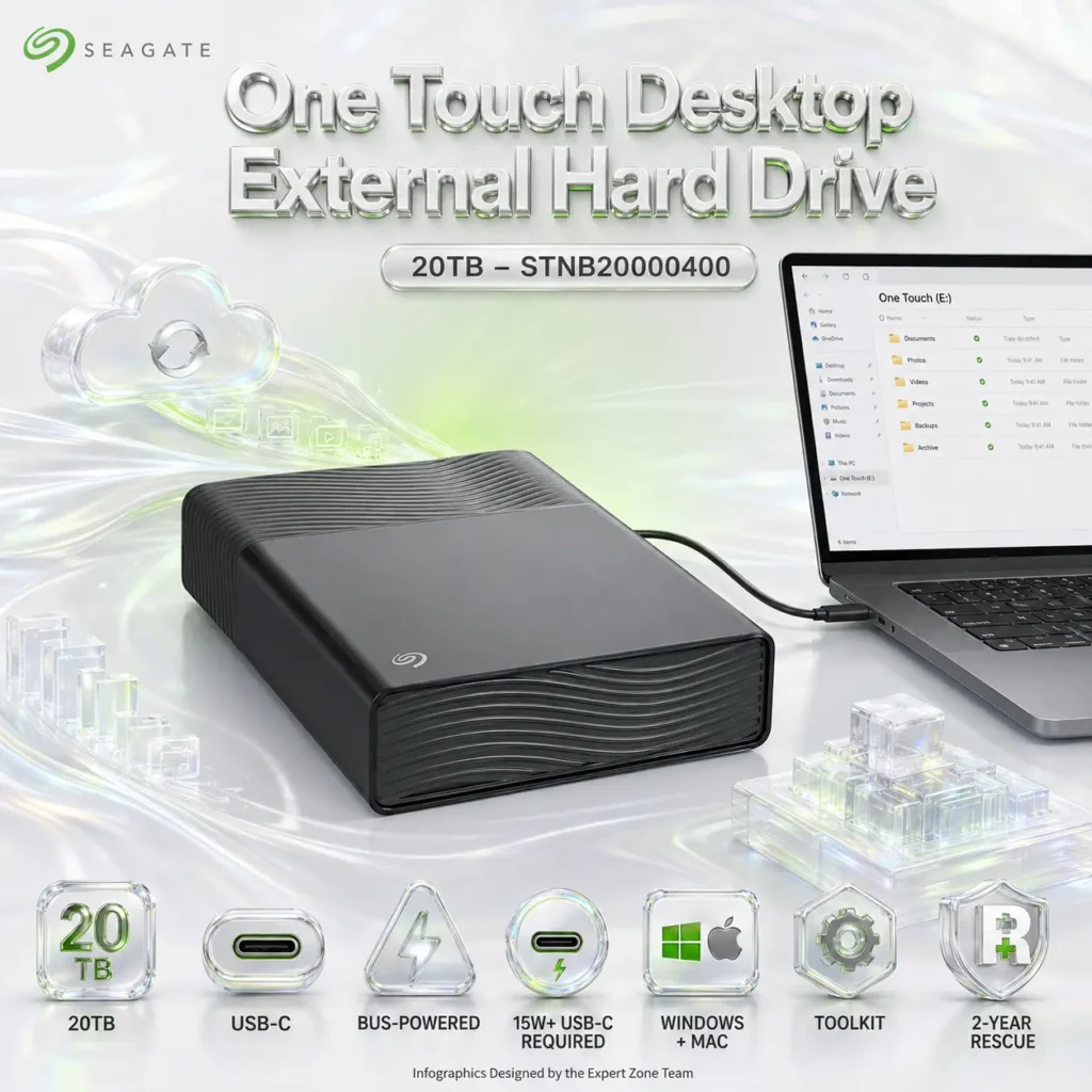 Seagate One Touch Desktop External Hard Drive 20TB – USB-C, Bus-Powered, Windows & Mac Compatible, Toolkit, 2-Year Data Rescue Recovery | Space Grey ~ STNB20000400